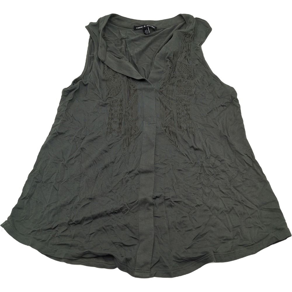 Cable & Gauge Olive Green Embroidered Sleeveless V-Neck Top Small